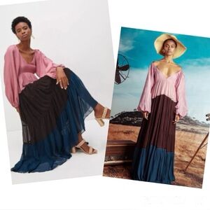 Nirmooha Anthropologie Color Block Maxi Dress Tiered Puff Sleeves Boho Whimsical